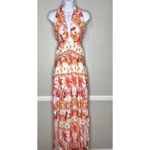 Taylor White Orange Tropical Pineapple Print Halter Summer Maxi Dress Sz 16 NWT